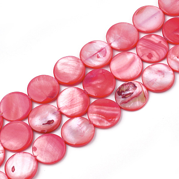 Freshwater Shell Beads, Dyed, Flat Round, Crimson, 15x2.5~4mm, Hole: 0.7mm, about 26pcs/strand, 14.9 inch