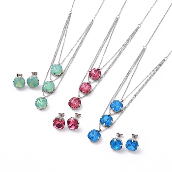 Stainless Steel Pendant Necklaces and Stud Earrings Sets, with Cubic Zirconia and Cable Chains, Square, Mixed Color, 16.9 inch(43cm), 13x13x6.5mm, Pin: 0.9mm