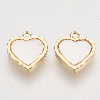Shell Charms, with Brass Findings, Nickel Free, Heart, Real 18K Gold Plated, 11.5x10x2.5mm, Hole: 1.2mm