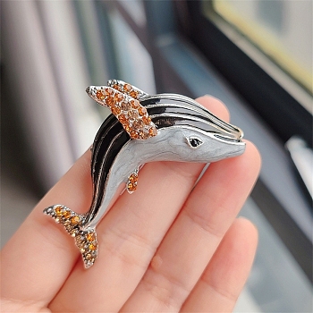 Whale Enamel Pins, Alloy Rhinestone Brooches for Backpack Clothes, Light Grey, 40x55mm