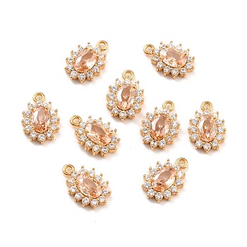 Real 18K Gold Plated Brass Micro Pave Cubic Zirconia Charms, Cadmium Free & Nickel Free & Lead Free, Oval, Light Salmon, 12x8x3mm, Hole: 1.2mm