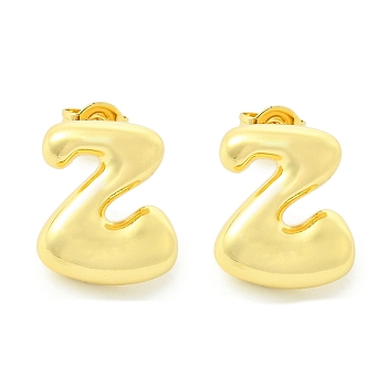 Rack Plating Brass Earrings, Cadmium Free & Lead Free, Long-Lasting Plated, Stud Earrings, Alphabet, Real 18K Gold Plated, Letter Z, 14x12mm