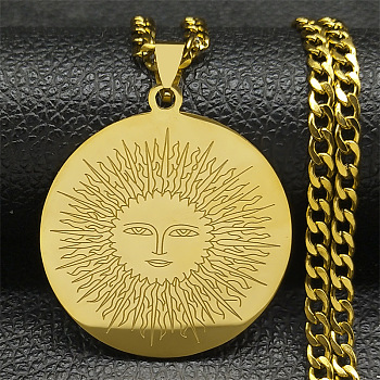 304 Stainless Steel Pendant Necklaces, Flat Round with Sun Pattern, Golden, 23.70 inch(60.2cm)