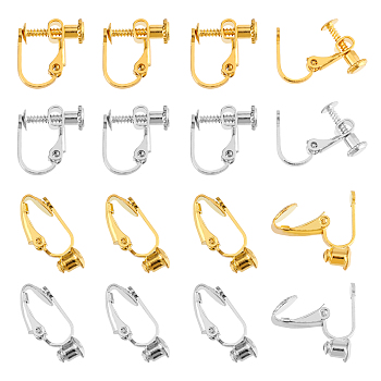 48Pcs 4 Style Brass Converters & Screw On Clip-on Earring Findings, for Non-Pierced Ears, Platinum & Golden, 13~19x6~13x5~9mm, Hole: 1mm, 12Pcs/color