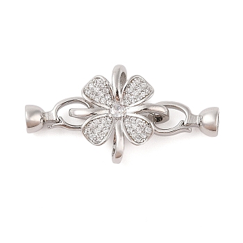 Rack Plating Flower Brass Pave Clear Cubic Zirconia Fold Over Clasps, Cadmium Free & Lead Free, Long-Lasting Plated, Platinum, 38mm