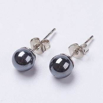 Brass Ear Studs, Ball Stud Earrings, with Non-magnetic Synthetic Hematite Beads, Platinum, 6x6.5mm, Pin: 0.7mm