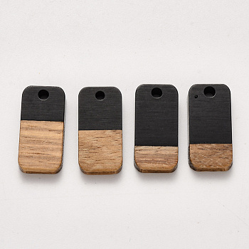 Resin & Walnut Wood Pendants, Waxed, Rectangle, Black, 20.5x10x3~4mm, Hole: 2mm