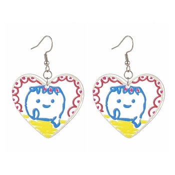 3D Printed Transparent Acrylic Dangle Earrings, Heart with Boy, with 316 Surgical Stainless Steel Hooks, Colorful, 56mm