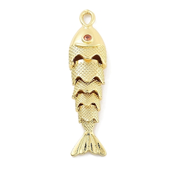 Fish Rack Plating Brass Micro Pave Cubic Zirconia Pendants, Lead Free & Cadmium Free, Long-Lasting Plated,, Golden, 40x10x7.5mm, Hole: 3.5x1.8mm
