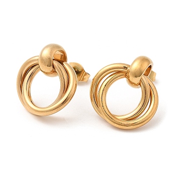 304 Stainless Steel Ring Knot Dangle Stud Earrings for Women, Real 18K Gold Plated, 17x16mm