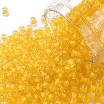 TOHO Round Seed Beads, Japanese Seed Beads, (974) Inside Color Crystal/Sunflower Yellow Lined , 8/0, 3mm, Hole: 1mm, about 222pcs/bottle, 10g/bottle