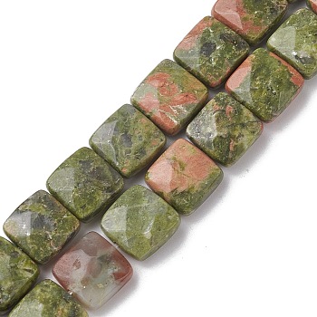 Natural Unakite Beads Strands, Faceted Square, 10x10x5mm, Hole: 1.2mm, about 20pcs/strand, 7.95''(20.2cm)