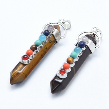 Chakra Jewelry, Natural Tiger Eye Double Terminated Pointed Pendants, with Natural & Synthetic Mixed Stone Alloy Findings, Bullet, Platinum, 58~61x16.5~18x15.5~16mm, Hole: 4.5x7.5mm