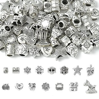 60Pcs 15 Styles Tibetan Style Alloy European Beads, Large Hole Beads, Mixed Shapes, Antique Silver, 8~15x8~12.5x6~9.5mm, Hole: 4~4.7mm, 4pcs/style