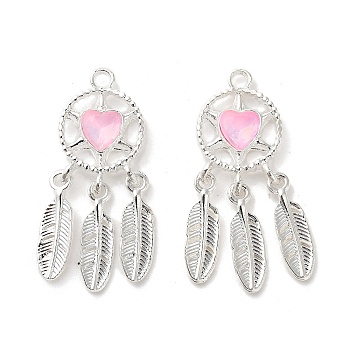 Rack Plating Alloy Rhinestones Pendants, Lead Free & Cadmium Free, Woven Net, Silver, Pink, 34x15.5x4.5mm, Hole: 2mm