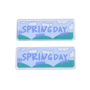 Transparent Printed Acrylic Cabochons, with Glitter Powder, Rectangle with Word Spring Day, Cornflower Blue, 50x50x2mm