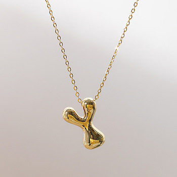 Brass Chunky Initial Pendant Necklaces, with Stainless Steel Lobster Claw Clasps, Real 14K Gold Plated, Letter Y, 17.72~18.90 inch(45~48cm)