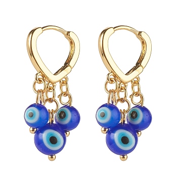 Evil Eye Lampwork Round Beads Dangle Hoop Earrings, Brass Heart Earrings for Girl Women, Golden, Blue, 31x15mm, Pin: 1mm