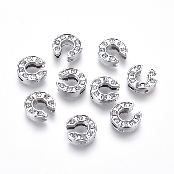 Alloy Initial Slide Charms with Grade A Rhinestones, Lead Free & Nickel Free, Platinum, Letter.C, 12~13x8~13x4~5mm, Hole: 8x2mm
