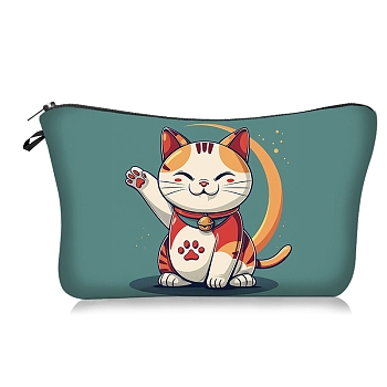 Lucky Cat Print Polyester Cosmetic Zipper Pouches, Waterproof Clutch Bag, Toilet Bag for Women, Light Sea Green, 21x18x13.5cm