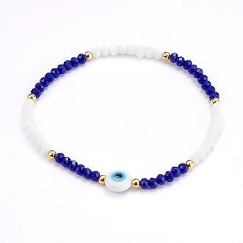 Faceted Glass Beaded Stretch Bracelets, with Evil Eye Lampwork Flat Round Beads and 304 Stainless Steel Beads, Golden, Colorful, Inner Diameter: 2-1/8 inch(5.5cm)