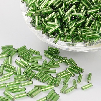 Glass Bugle Beads, Silver Lined, Lime Green, 6~8x1.8mm, Hole: 0.6mm, 1250pcs/50g