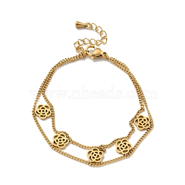 Ion Plating(IP) 304 Stainless Steel Flower Charms Double Layered Bracelet(BJEW-G646-03G)-2