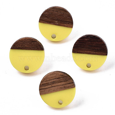 Stainless Steel Color Yellow Flat Round Resin+Wood Stud Earring Findings