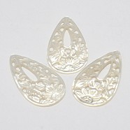 Natural Mother of Pearl Shell Pendants, teardrop, White, 37x21x1.5mm, Hole: 1mm(SSHEL-L002-13)