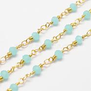 Handmade Glass Beaded Chains, with Spool, Unwelded, Faceted Rondelle, Imitation Jade, with Brass Findings, Golden, Turquoise, 4mm, about 32.8 Feet(10m)/roll(CHC-G311-B04)