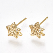 Brass Cubic Zirconia Stud Earring Findings, with Loop, Star, Clear, Nickel Free, Real 18K Gold Plated, 7x6.5mm, Hole: 0.5mm, Pin: 0.7mm(KK-S350-036G)