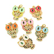 Brass Micro Pave Clear Cubic Zirconia Pendants,with Enemal Real 18K Gold Plated, Owl, Mixed Color, 24x17.5x3.5mm, Hole: 3mm(KK-R159-25G)