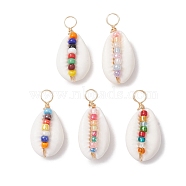 Natural Shell Pendants, Rainbow Color Glass Seed Bead Copper Wire Wrapped Charms, Golden, Mixed Color, 27.5~29.5x13~14.5x9~10.5mm, Hole: 4.5mm(PALLOY-JF02693)