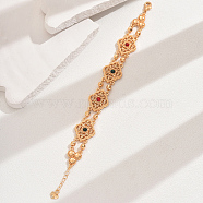 Vintage Brass Glass Hollow Link Bracelets for Women, Real 18K Gold Plated, Flower, 7-1/8 inch(18cm)(QG3110-6)