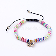 Adjustable Nylon Cord Braided Bead Bracelets, with Polymer Clay Heishi Beads, Alloy Enamel Charms and Real 18K Gold Plated Brass Beads, Butterfly, Black, 1-7/8 inch~3-1/8 inch(4.9~8.1cm)(BJEW-JB05100-02)
