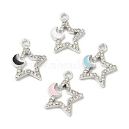 Rack Plating Alloy Rhinestone Pendants, with Enamel, Nickel Free, Star with Moon Charms, Platinum, Mixed Color, 17x13x2mm, Hole: 1.6mm(PALLOY-O106-27P)