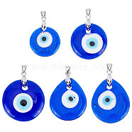 5Pcs 5 Style Handmade Evil Eye Lampwork Pendants, Teardrop & Flat Round, Blue, 25~41x25~34.5x5~6mm, Hole: 4x6mm, 1pc/style(LAMP-SC0001-17)