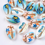 Printed Natural Cowrie Shell Beads, No Hole/Undrilled, with Marine Organism Pattern, Mixed Color, 18~22x13~14x6~8mm(SHEL-S266-21)