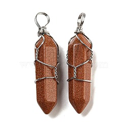 Synthetic Goldstone Double Terminal Pointed Pendants, Faceted Bullet Charms with Platinum Plated Iron Wire Wrapped, 42~46x10x13mm, Hole: 6~7x4.5~5.5mm(G-H308-05P-02)