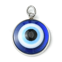 Stainless Steel Pave Resin Pendants, Blue Evil Eye Charms with Jump Ring, Stainless Steel Color, 23x19.5x4.5mm, Hole: 4mm(PALLOY-JF02400)
