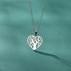 304 Stainless Steel Tree of Life Hollow Heart Pendant Necklaces for Women, Tarnish Free, Stainless Steel Color, 17.72 inch(45cm)(WG801E2-01)