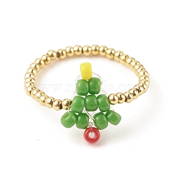 Christmas Tree Glass Seed & Brass Beaded Finger Ring, Braided Jewelry for Women, Colorful, US Size 7 3/4(17.9mm)(RJEW-TA00038)