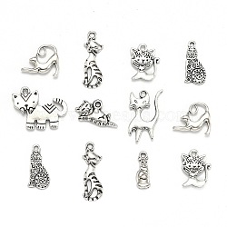 Kitten Theme Tibetan Style Alloy Pendants, Mixed Cat Shapes, Antique Silver, 13~52x9~35x1.5~2.5mm, Hole: 1.5~3mm(TIBEP-MSMC018-M2AS)