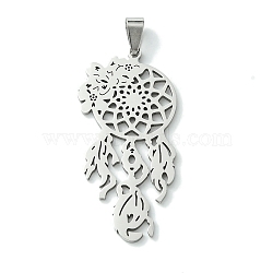 Non-Tarnish 201 Stainless Steel Big Pendants, Woven Web/Net with Feather Charm, Stainless Steel Color, 51.5x25x1.5mm, Hole: 8x4mm(STAS-U003-05P)