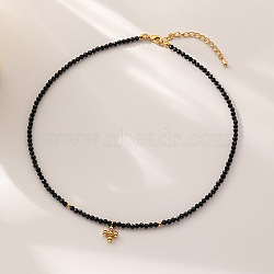 Glass Beaded Necklaces, Brass Cross Pendants Necklaces for Women, Golden, Black(ER0665-1)