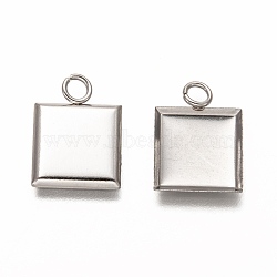 Non-Tarnish 304 Stainless Steel Pendant Cabochon Settings, Plain Edge Bezel Cups, Square, Stainless Steel Color, Tray: 10x10mm, 15x11x1.5mm, Hole: 2.5mm(STAS-I176-07P)