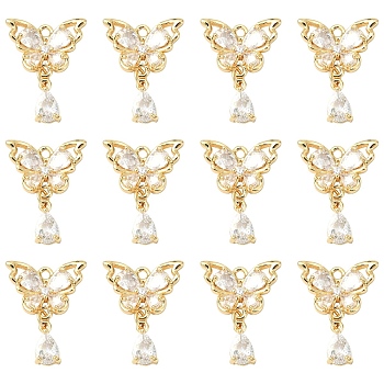 5Pcs Brass Micro Pave Clear Cubic Zirconia Pendants, Butterfly with Teardrop, Real 18K Gold Plated, 24.5x17.5x3mm, Hole: 1.6mm