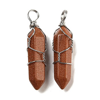 Synthetic Goldstone Double Terminal Pointed Pendants, Faceted Bullet Charms with Platinum Plated Iron Wire Wrapped, 42~46x10x13mm, Hole: 6~7x4.5~5.5mm