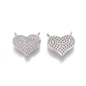 Brass Micro Pave Cubic Zirconia Charms, Heart, Clear, Platinum, 14.5x15x2mm, Hole: 1mm