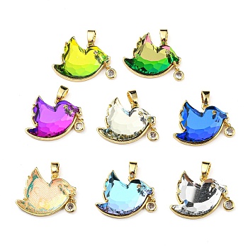 Rack Plating Eco-Friendly Brass Cubic Zirconia Pendants, with Glass, Cadmium Free & Lead Free, Real 18K Gold Plated, Faceted, Bird, Mixed Color, 18.5x23x6mm, Hole: 5.5x3mm